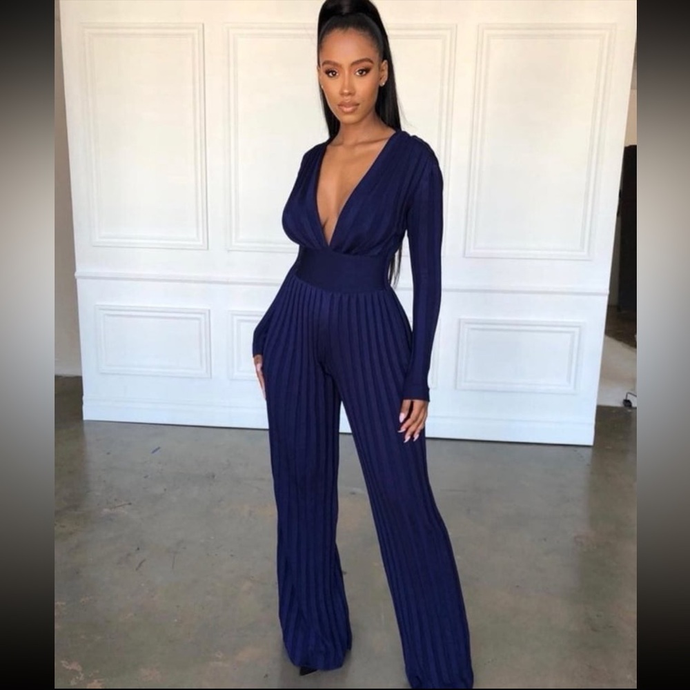 House Of CB London Sariah Blue Long Sleeve Plunge Bandage Jumpsuit
